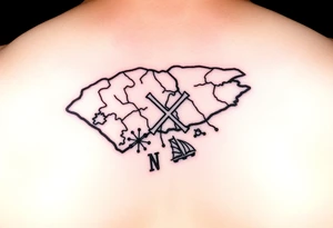 North Carolina coast Treasure Map with an X over Manteo, NC tattoo idea
