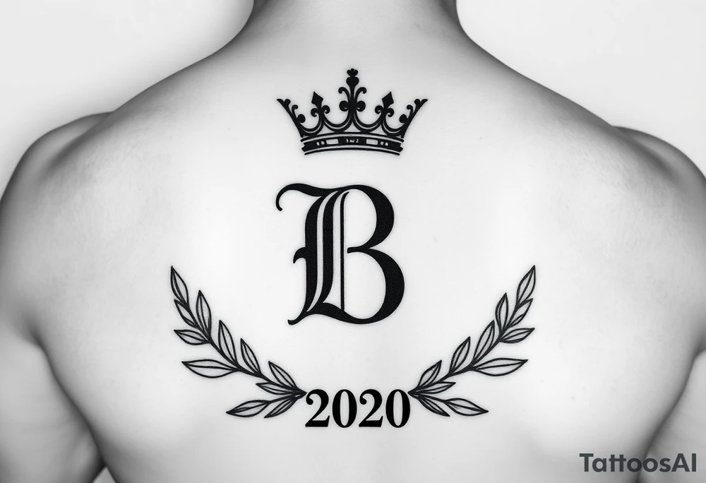 I would like to have an example for a tattoo. In which the initial B is central with a laurel wreath from bottom to top and a crown on top. Furthermore, please include a birth year 2020 or his birth date in Roman. tattoo idea