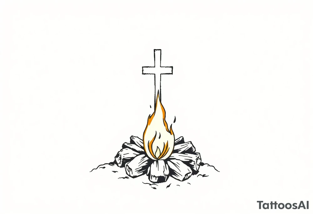 Campsite with a campfire with a cross tattoo idea