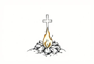 Campsite with a campfire with a cross tattoo idea