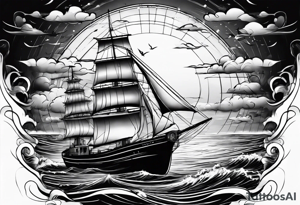 phare maritime dans un bateau a voiles vu du devant. tattoo idea