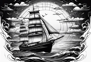 phare maritime dans un bateau a voiles vu du devant. tattoo idea