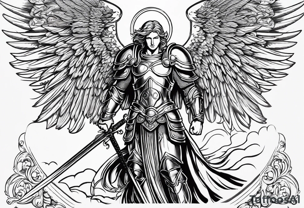 **Tattoo Design: Archangel Michael**

- **Central Theme**: Archangel Michael, majestic and powerful, stands ready with a raised sword, prepared to battle evil.
- **Appearance**: The figure of Archangel Michael depicted in full angelic armor, with majestic wings spread wide.
- **Expression**: His stance conveys strength, courage, and determination in defense of good.
- **Details**: Focus on intricate details such as facial features, armor embellishments, and the raised sword.
- **Background**: May be stylized as celestial, with rays of light or clouds, accentuating the divine presence of Archangel Michael.
- **Placement**: Intended for placement on the chosen body area, with the option to adjust the size according to personal preferences. tattoo idea