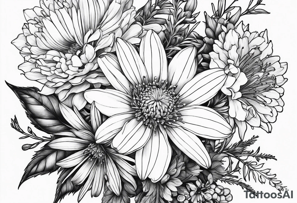 Aster and larkspur bouquet tattoo idea