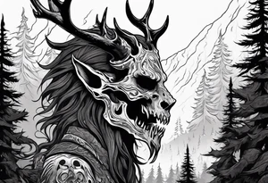 A scary terrifying horrifying rotting bone lore accurate wendigo side profile surrounded by a forest fire in background tattoo idea