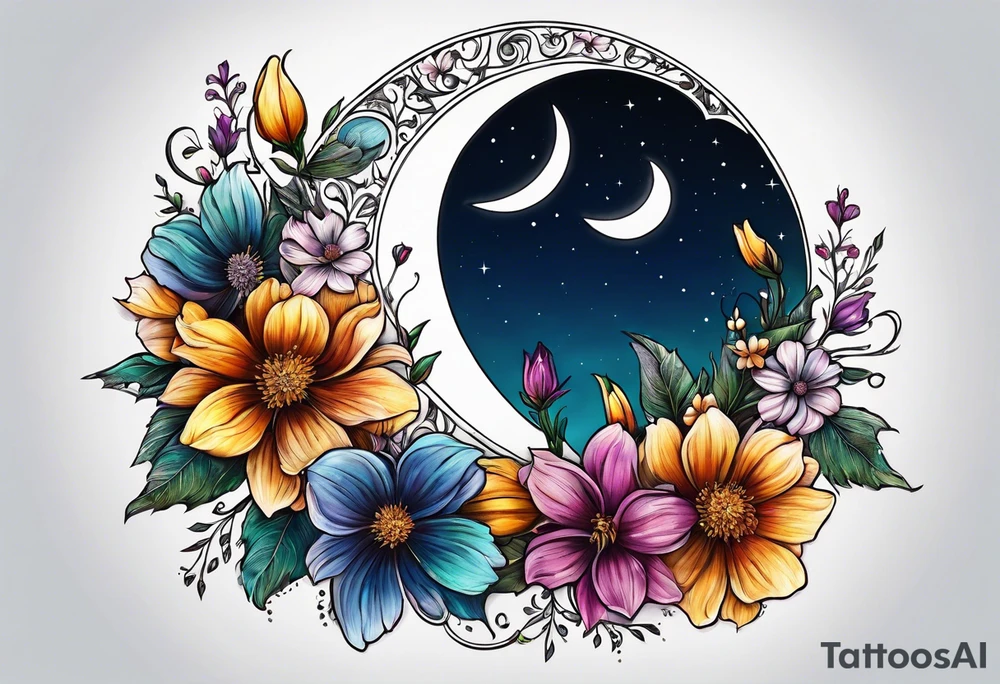 Waxing crescent moon made out of flowers tattoo idea