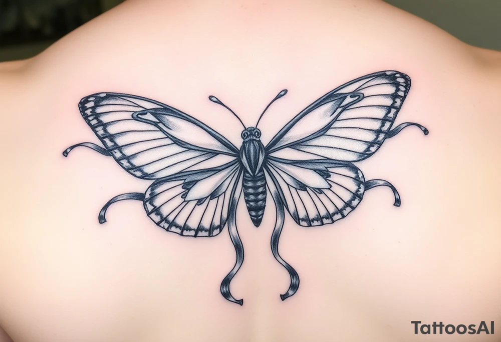 ethereal butterfly with flowing silk ribbons in moonlight tattoo idea