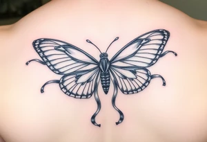 ethereal butterfly with flowing silk ribbons in moonlight tattoo idea