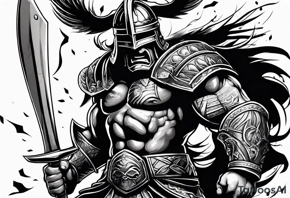 Ripped angry gladiator with axe tattoo idea