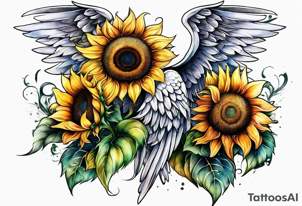 Sunflowers and angel wings leg sleeve tattoo idea