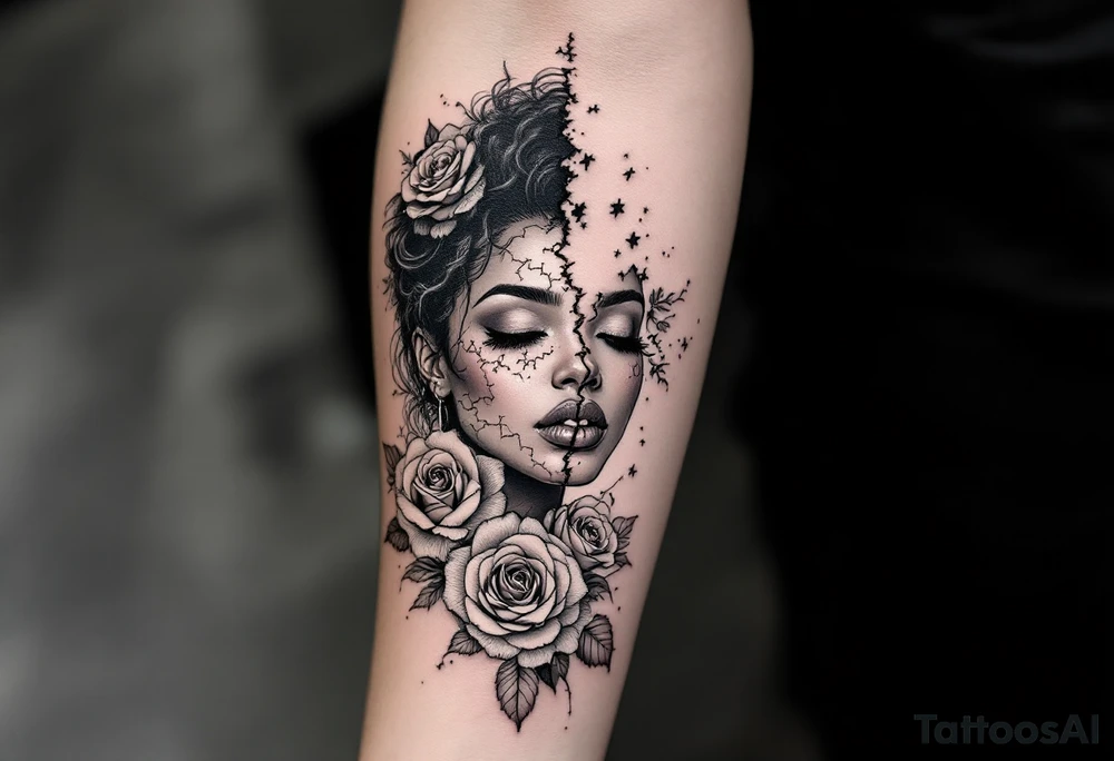 Broken black woman pieced back together surrounded by roses tattoo idea