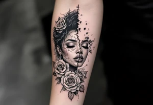 Broken black woman pieced back together surrounded by roses tattoo idea