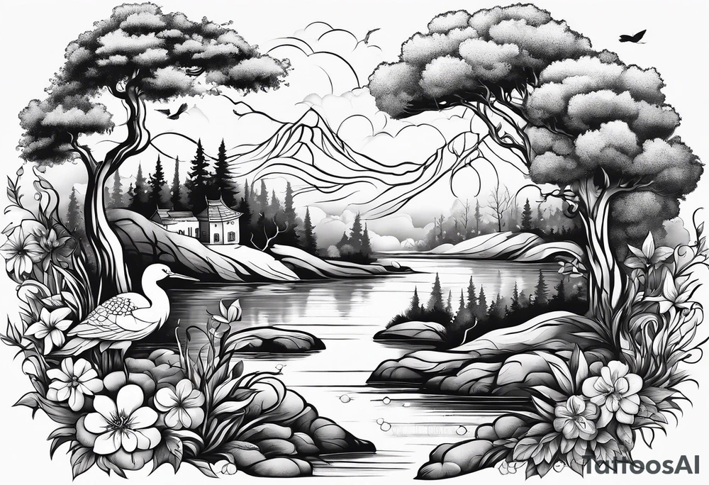 Peaceful nature scene with flowers, trees, animals and water tattoo idea