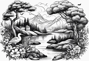 Peaceful nature scene with flowers, trees, animals and water tattoo idea