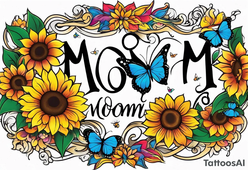 Memorial arm sleeve for mom with rainbow sunflowers and butterflies tattoo idea