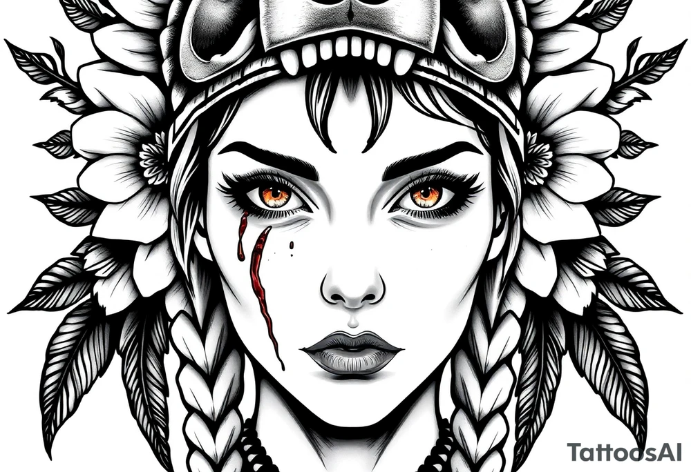 Young Symmetrical Beautiful Woman, looking forward, with colored eyes, shedding a tear, with battle scars and blood on face, with soft look, wearing a mean looking bear headdress on head, with dead flower background tattoo idea