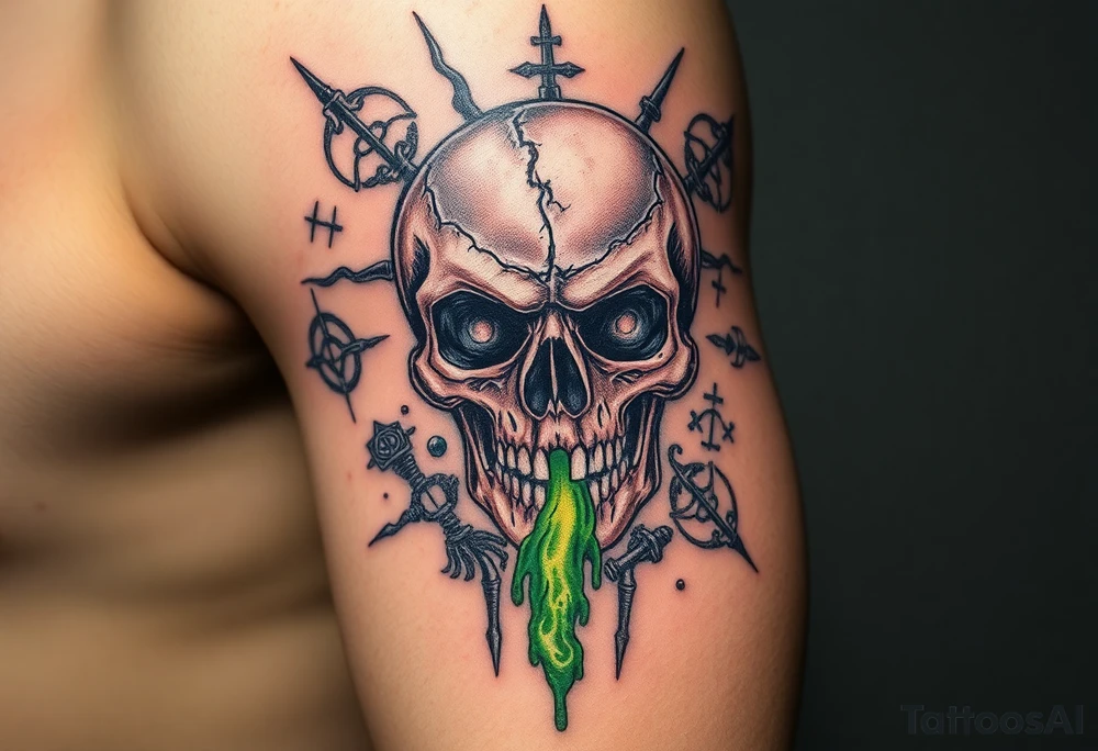 A cursed skull with cracks leaking green mist, surrounded by arcane symbols and forbidden spells tattoo idea