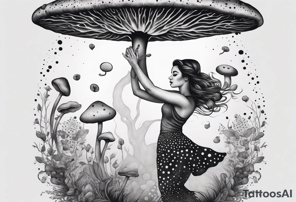 woman dancing around a mushroom tattoo idea