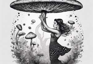 woman dancing around a mushroom tattoo idea