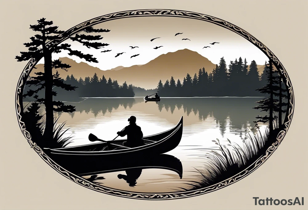 The tattoo design depicts a serene nature scene, framed within a semi-circular border. In the foreground, there are two people sitting in a canoe on a calm lake. They are paddling towards the horizon, with one person sitting at the back of the canoe and the other at the front. The back view of the people suggests a peaceful and contemplative moment shared between them.

In the background, there are majestic mountains with peaks covered in snow, creating a dramatic and picturesque landscape. The mountains are flanked by tall pine trees on either side, adding to the wilderness feel of the scene. Above the mountains, a large sun is either rising or setting, casting a tranquil glow over the entire scene. Birds are flying in the sky, adding to the sense of freedom and natural beauty.

The entire scene is rendered in a minimalist, black and white, line-drawing style, giving it a clean and elegant appearance. The semi-circular frame around the design focuses attention on the central elements and adds a sense of completeness to the image. black and white tattoo idea