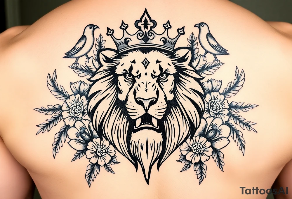 powerful majestic lion with a crown, surrounded by floral ornaments and birds tattoo idea