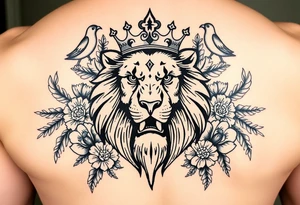 powerful majestic lion with a crown, surrounded by floral ornaments and birds tattoo idea
