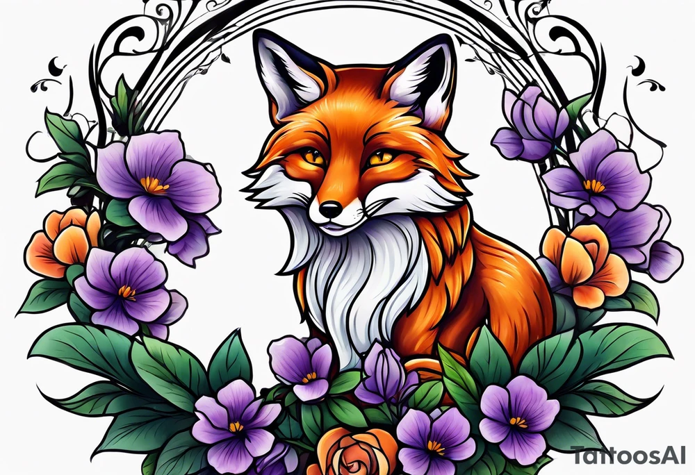 Neo traditional fox with violets tattoo idea