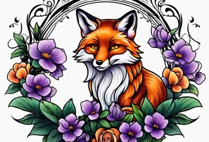 Neo traditional fox with violets tattoo idea