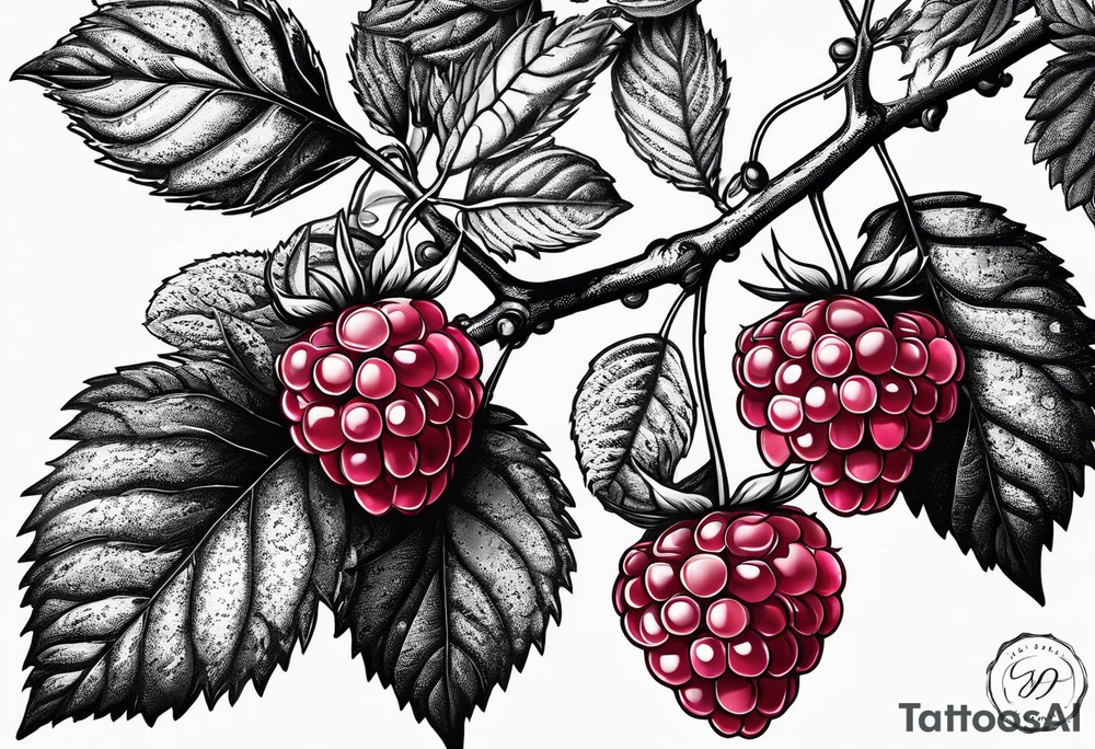 a long raspberry branch that focuses on line work. Includes a small signature somewhere that is signed "Popkin" tattoo idea