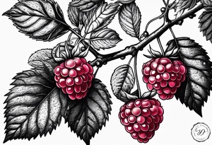 a long raspberry branch that focuses on line work. Includes a small signature somewhere that is signed "Popkin" tattoo idea