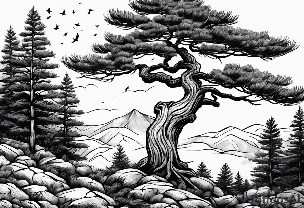 pine tree by itself with fallen leaves tattoo idea