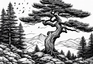 pine tree by itself with fallen leaves tattoo idea