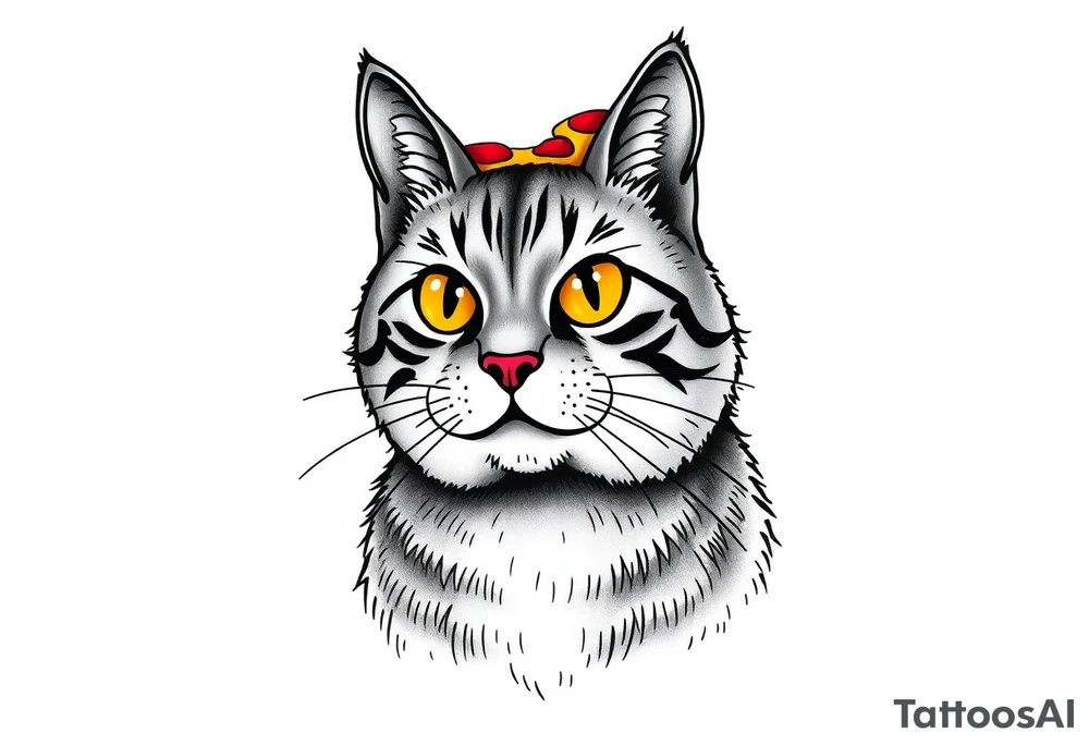 fat grey tabby cat portrait with chessy pizza slice on its head tattoo idea