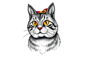 fat grey tabby cat portrait with chessy pizza slice on its head tattoo idea