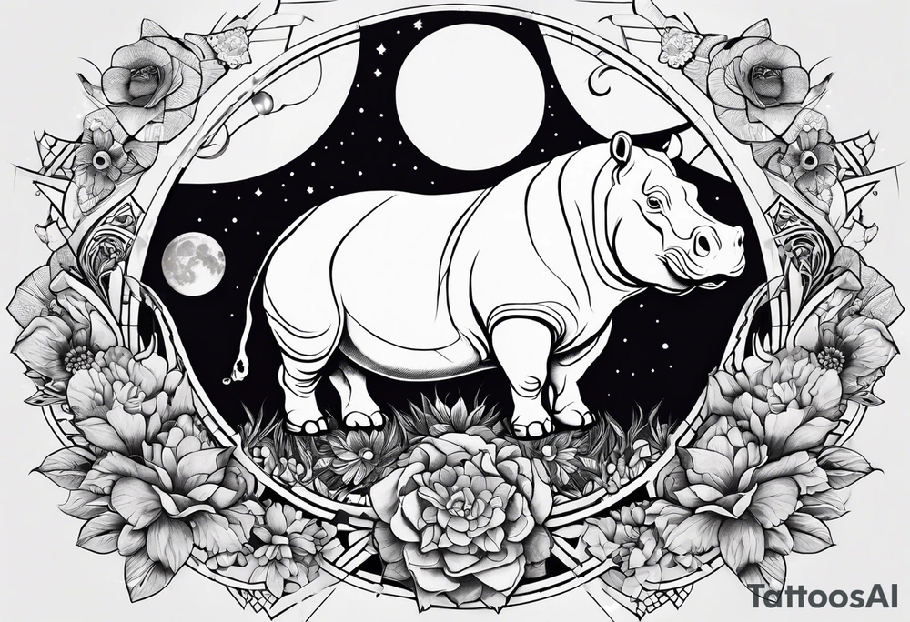 Hippo, flowers, moon, interstella, artic surreal, 
Extreme fine lines, +tribal, +geometric, develop from my favourites tattoo idea
