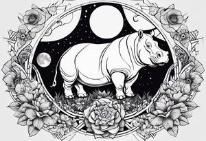 Hippo, flowers, moon, interstella, artic surreal, 
Extreme fine lines, +tribal, +geometric, develop from my favourites tattoo idea