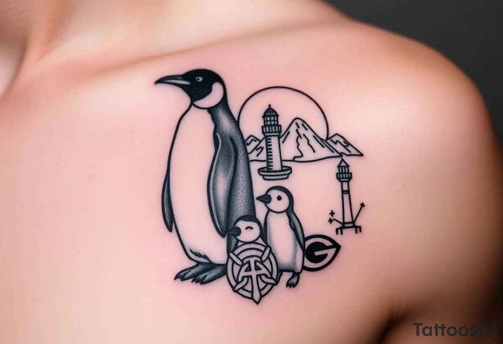 compilation outlining important things in my life such as one adult emperor penguin and 3 baby penguins, celtic trinity knot, lighthouse, mountains/nature, the green bay packers, and something to represent my 3 boys tattoo idea