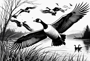 geese flying over marsh and people hunting them tattoo idea