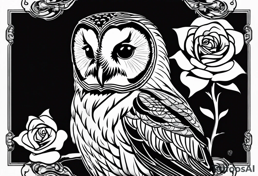 Barred owl with a single rose tattoo idea