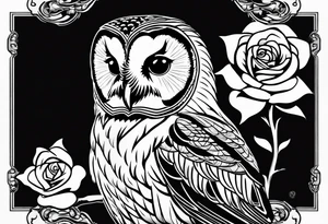 Barred owl with a single rose tattoo idea