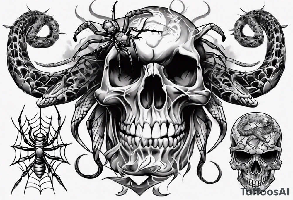 Black skull sleeve tattoo with spiders and snake tattoo idea