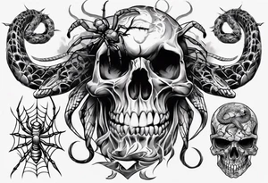 Black skull sleeve tattoo with spiders and snake tattoo idea