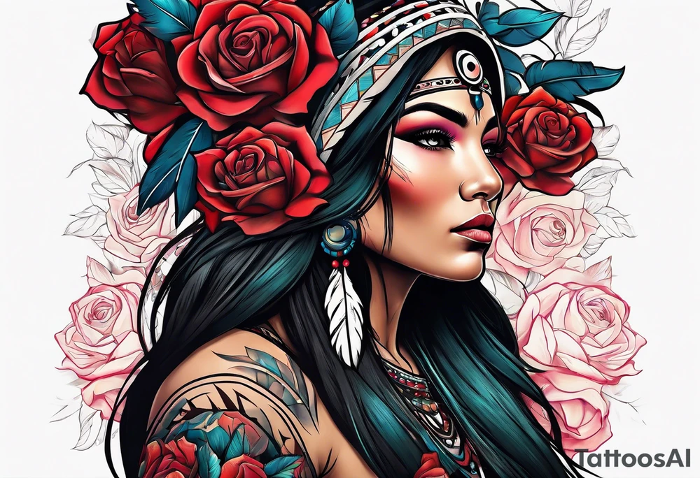 Native American woman wrapped in roses tattoo idea