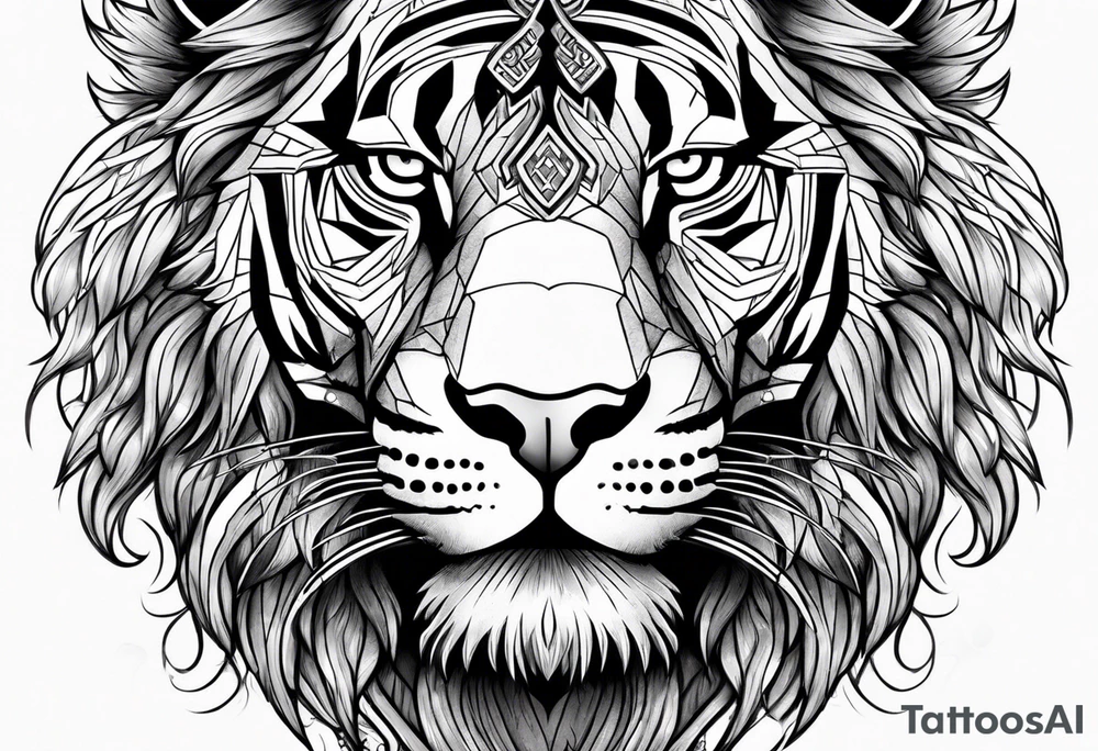 tigers head faded into a lions head with a viking tattoo idea