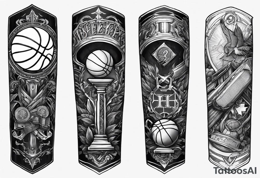 A forearm tattoo that includes a basketball hoop and a cross and a video game controller tattoo idea