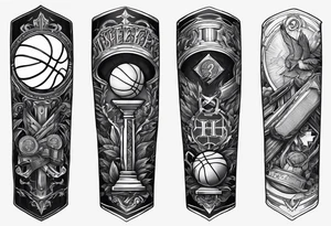 A forearm tattoo that includes a basketball hoop and a cross and a video game controller tattoo idea