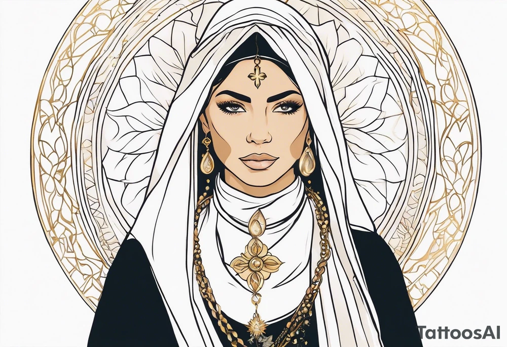 A serene and elegant portrait of a woman with a calm and angelic expression, wearing a delicate white veil, gold jewelry with intricate designs, and a pendant with a religious icon. tattoo idea