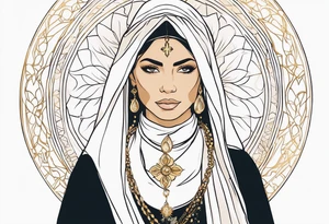 A serene and elegant portrait of a woman with a calm and angelic expression, wearing a delicate white veil, gold jewelry with intricate designs, and a pendant with a religious icon. tattoo idea