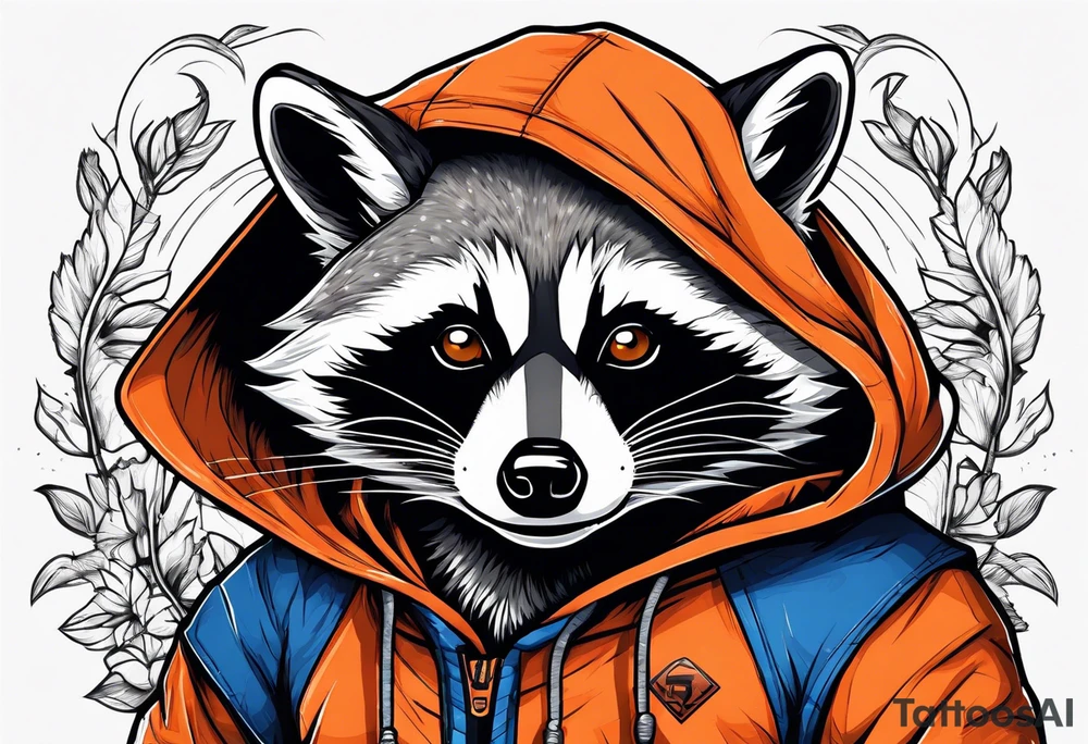 Raccoon wearing an orange Superman hoodie tattoo idea