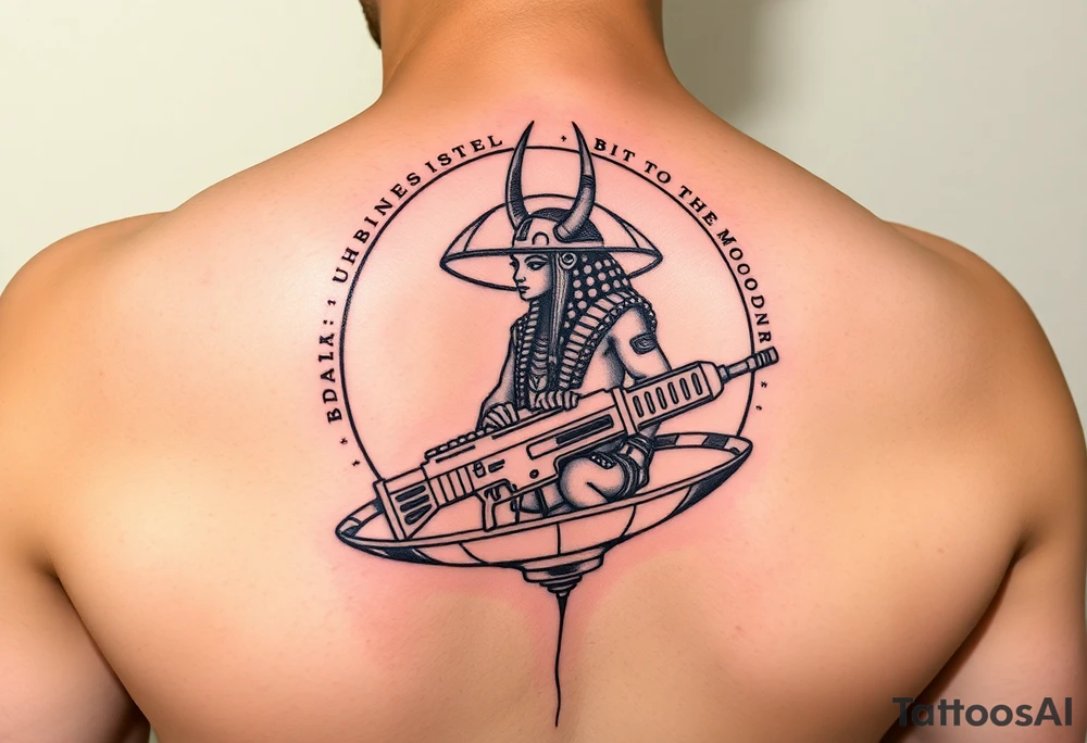 "Anubis in a ufo, holding a tommy gun. . Hieroglyph background spells 'BTC TO THE MOON'.  

Style: Art Deco meets cyber-Egyptian. Black/red/gold ink. Forearm sleeve." tattoo idea